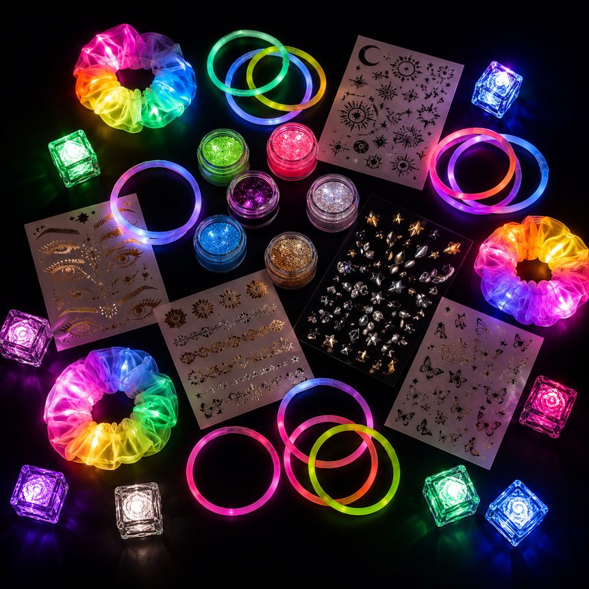 Premios del paquete Neón: donas luminosas, pulseras LED, glitter y cubos de luz