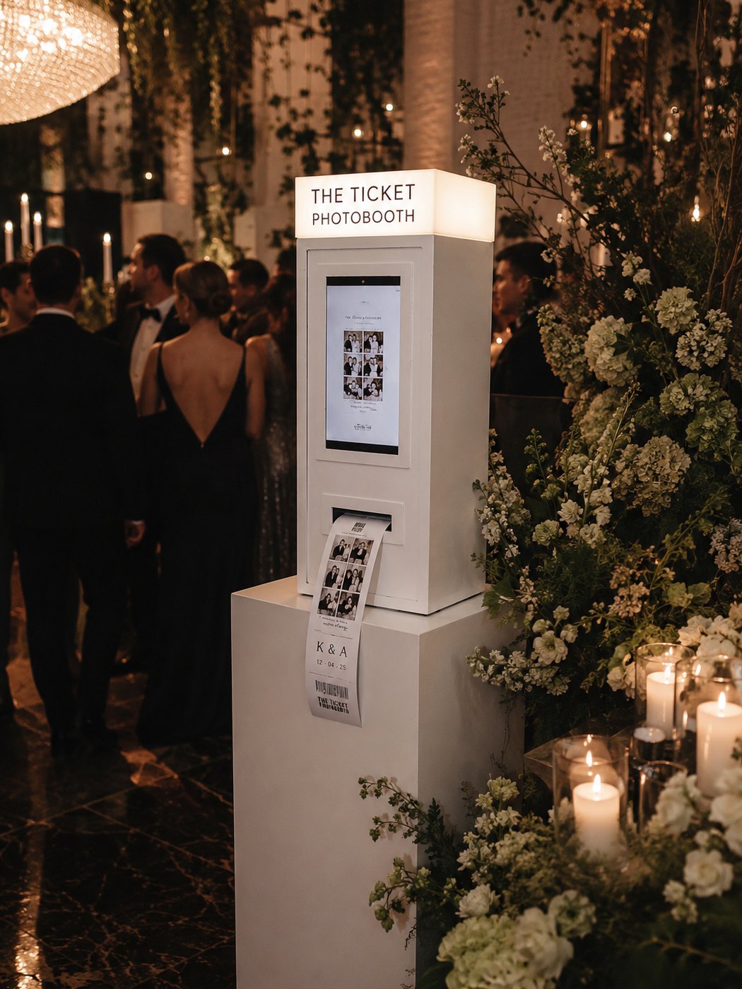 La cabina de The Ticket Photobooth montada en una boda